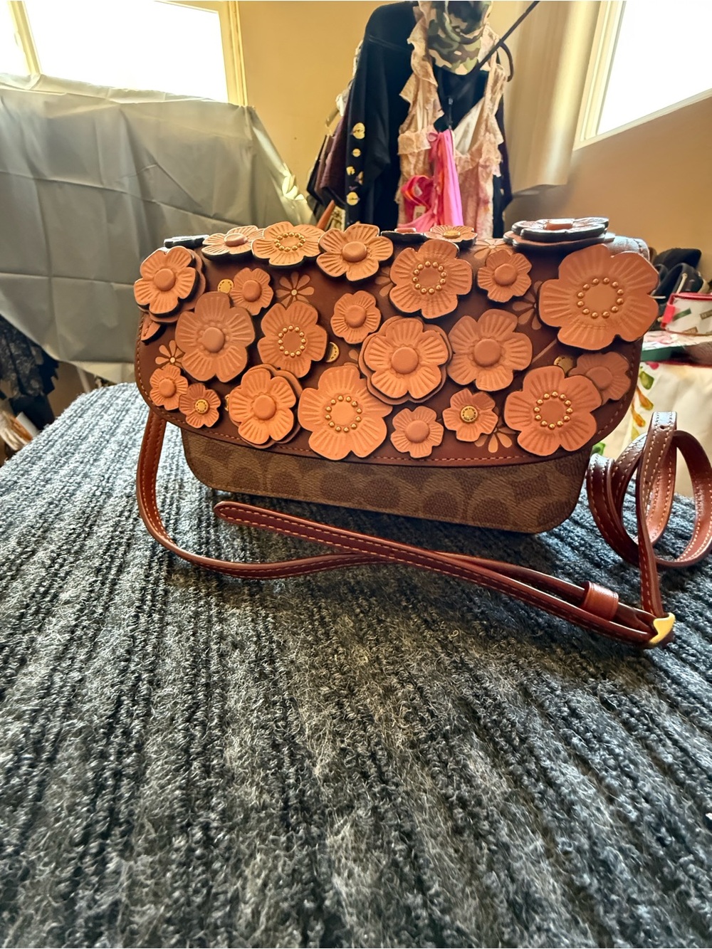 Coach Brown Signature Crossbody with Coral Floral Appliqués